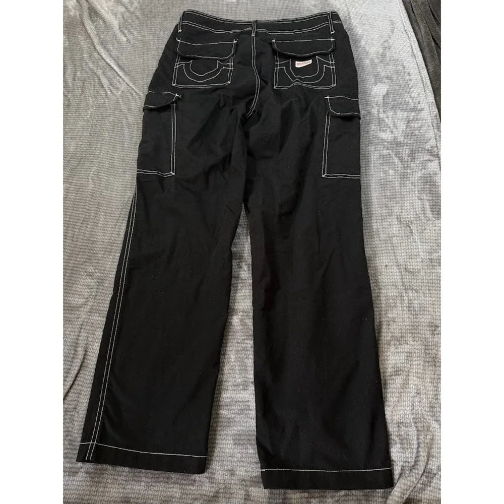 True Religion Mens Cargo Pants Black White Contrast Stitch Relaxed Fit 34X30